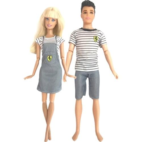 2 Pcs / Set Daily Casual Round Neck Dress Short Sleeve T-shirt Style Couple Suit For Barbie Doll For Ken Doll Accessories 012A