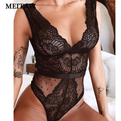 Sexy Deep V Neck Floral Embroidery Lace Bodysuit Women Sleeveless See-through Bodysuits 2021 Vintage Lace Dot Patchwork Jumpsuit