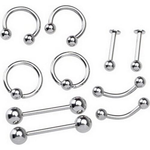 10Pcs /lot Unisex Stainless Steel Curved Eyebrow Nose Lip Earrings Nipple Piercings Punk Body Piercing