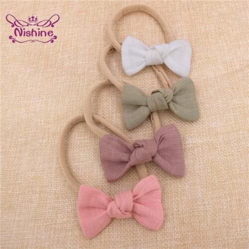 Nishine High Quality Linen Bowknot Elastic Hairband Infant Solid Color Handmade Bows Nylon Headband Baby Headwear Photo Props