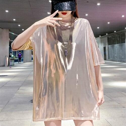 Women Wet Look T-Shirt Metallic Short Sleeve Top Hip Hop Dance Shiny Blouse Nightclub Party 923-695