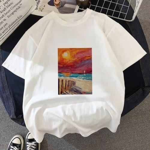 2021 Summer Women T Shirt Oil Painting Print Casual Short Sleeve Fashion Aesthetic Top Tees Tshirt Ladies Female Clothing