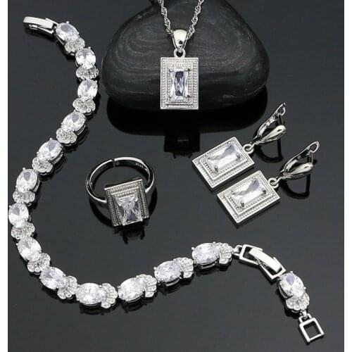 Square Cubic Zirconia 925 Sterling Silver Jewelry Kit Open Ring Earring Pendant Chain Bracelet Woman Wedding Accessories