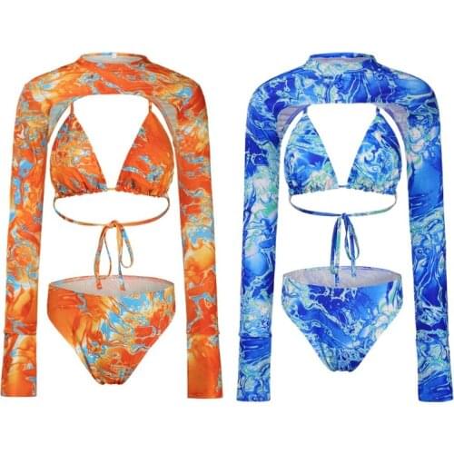 Women Sexy 3 Pieces Micro Bikini Set Tie-Dye Printed Triangle Halter Brazilian Swimsuit with Long Sleeve Sunscreen Cover Up
