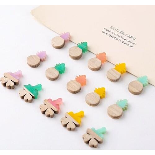 10pc Creative Splicing Wood and Resin Pineapple Clover of Leaves DIY Handmade Ornament Ear Stud Hairpin Hair Accessories