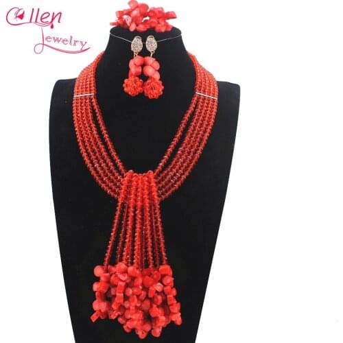 2019 New Nigerian Wedding African Coral Beads Jewelry Set Orange Coral Beads Necklace Jewelry Set Free Shipping W12969