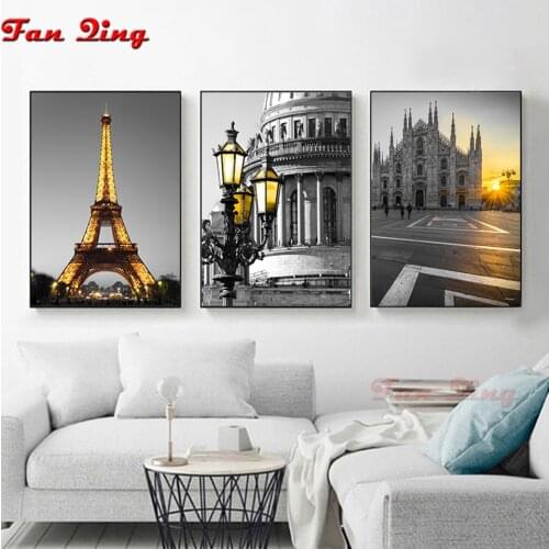 5d diy Diamond painting Paris city landscape golden gray diamond embroidery cross stitch full square round rhinestone triptych
