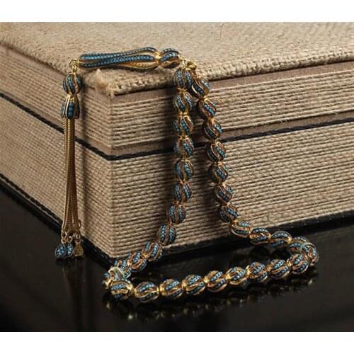 925 Sterling Silver Telcari Model Turquoise Zirconia 33 Piece Tasbih Special Design Islamic Gift, Muslim Prayer Beads