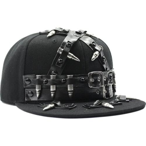 Hot Sale Fashion Snapback Man Flat Brim Metal Lock Bullet Belt Buckle Hip Hop Punk Solid Black Casual Street Trend Baseball Cap