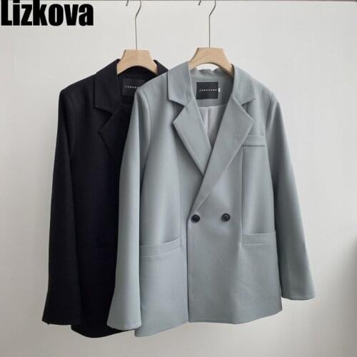Lizkova Autumn Blazer Women 2021 Black Double Breasted Jacket Korean Pockets Long Sleeve Loose Suit Coat