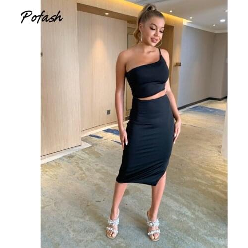 Pofash Black Hollow Out Midi Dresses Women Clothing One Shoulder Slim Backless Sexy Party Club Vestidos Female 2021 Summer Dress