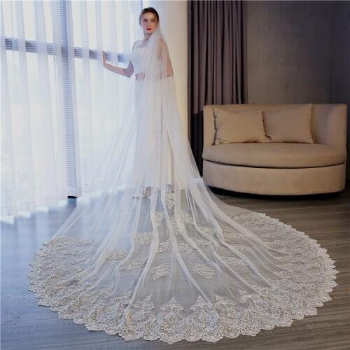 Bridal Veils 2020 New Gryffon Wedding Veil Luxury Lace Edge One-layer 3m Appliqued Cathedral Veil Voile Mariage