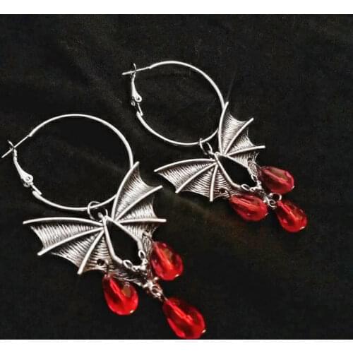 Gothic Vampire Bat with Red Bead Pendant Earrings Witch Witchcraft Jewelry Bat Lovers Halloween Gift Ladies Charm New Fashion