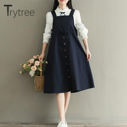 Trytree Autumn Women Casual Dress Cotton Solid Sling Dresses Button Drawstring Waist A-line Knee-Length Navy Office Lady Dress