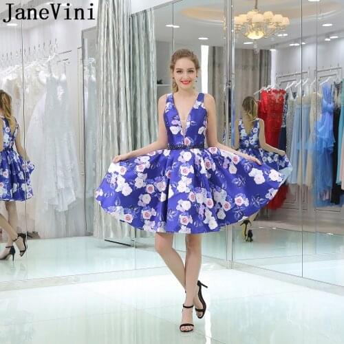 JaneVini A Line Short Homecoming Ddresses 2019 Blue Beaded Floral Graduation Dresses V-Neck Formal Gown robe sexy bleu marine