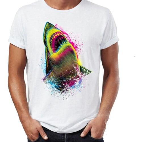 Summer Mens T-shirt Neon Shark Awesome Artwork Drawing Printed Tshirt Funny Youth Tees Tops Harajuku Streetwear
