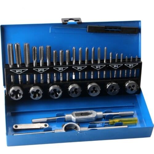 32 PCS HSS Tap and Die Set Metric Wrench Cut M3-M12 Tap and Die Set Metric Hand Threading Tool Set Engineer Kit with Metal Case