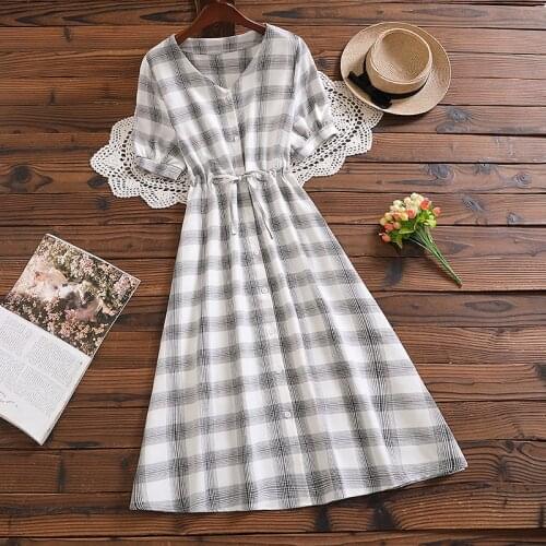 New arrival mori girl vestidos summer fashion short sleeve women plaid dress