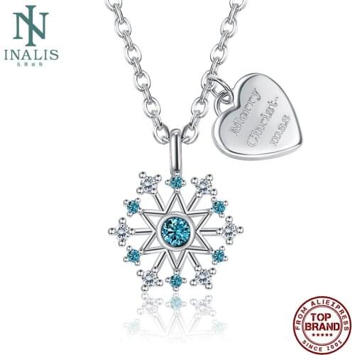 INALIS Snowflake Heart Shape Pendant Necklaces Elegant Creativity Blue Zircon Women Necklace Festival blessing Fashion Jewelry