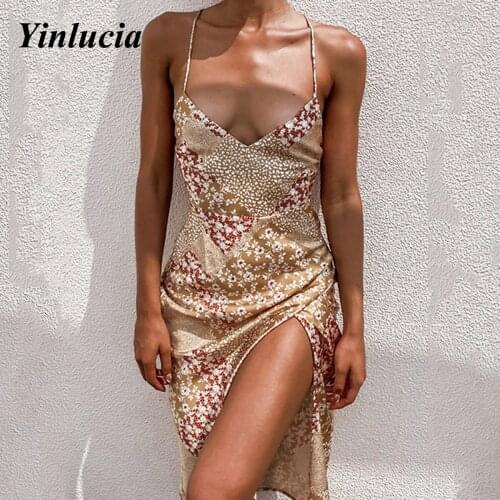 2021 Women Midi Dress Golden Floral Dress Sexy Sling V-neck Dresses High Quality Luxury Party Prom Dresses Ladies Dress Toppies