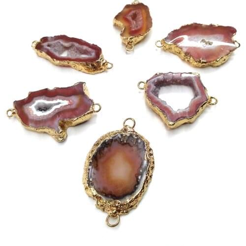 Natural Stone slice Agates Pendants Double hole connector for Jewelry Making DIY Necklaces Accessorie Size 20x30mm-28x45mm