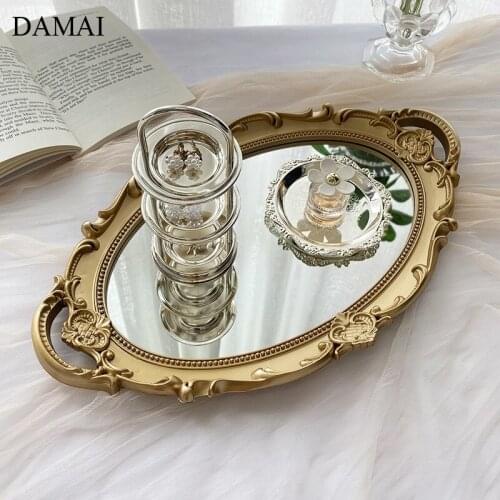 Nordic Luxury Golden Storage Tray Gilded Binaural Cake Dessert Plates Jewelry Storage Glass Mirror Display Tray Home Decoration