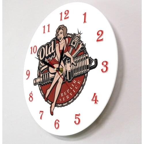 Old School Car Repair Service Wall Clock Garage Personalized Retro Mechanic Man Cave Timepiece Spark Plug Pin Up Girl Wall Watch