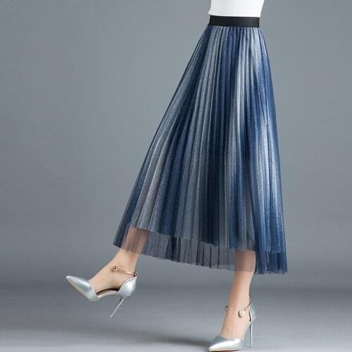 Mesh skirts women Spring new Casual A-Line Pleated skirts summer fashion Long Mesh Pleated skirts women