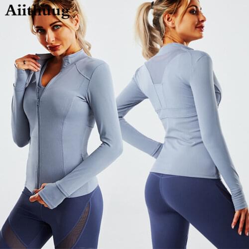 Aiithuug Womens Zipper Long Sleeve Stretchy Thumb Hole Workout Sports Jacket Shirt Breathable Mesh Running Sports Fitness