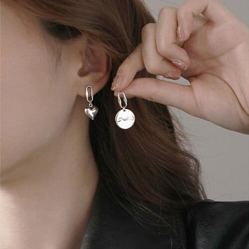 VENTFILLE 925 Sterling Silver Long Asymmetrical Love Letter Round Earrings Female Heart-Shaped Fashion Party Exquisite Gift