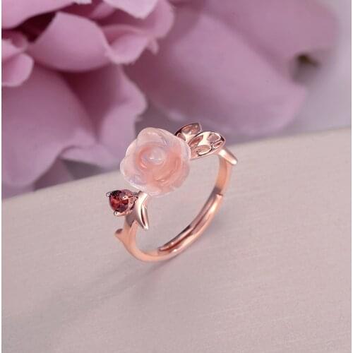 Fine Jewelry 100% Silver Rings For Women Rose Quartz Natural Gemstone Rose Flower Pink Romantic Cute Wedding Ring CCRI025