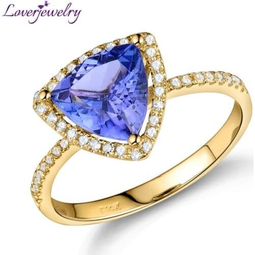 LOVERJEWELRY Blue Tanzanite Ring Attractive Trillion 8mm Solid 14kt Yellow Gold Real Diamonds Tanzanite Wedding Ring For Women