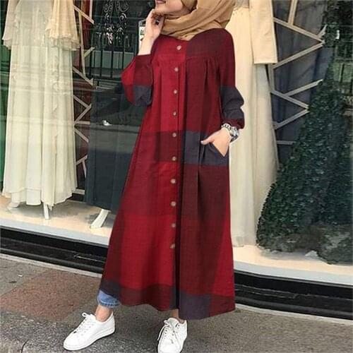 Eid Dresses Muslim Islamic Kaftan Long Dress Clothing Muslim Autumn Vinatge Plaid Checked Pirnted Abaya Kaftan Plus Size Dress