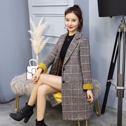 Retro plaid wool coat female long section 2018 new spring and autumn Korean fashion was thin and thick woolen coat tide TB1503