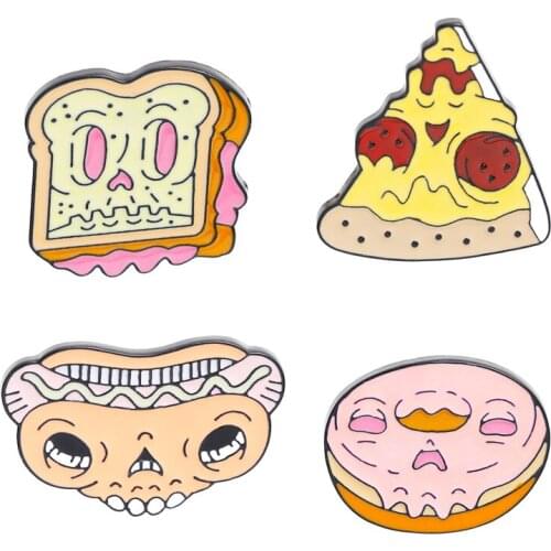 Zombie Face Fast Food Skeleton Pins Donut Doughnut Hot dog Pizza Donut Toast and Skull Brooches Funny Badges Lapel pins Backpins
