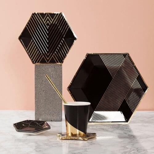 10/8Inch Elegant Court Style Polygon Marbling Classic Minimalism Plates Cups Napkins Sets Oriental Ink Grid 40Pcs