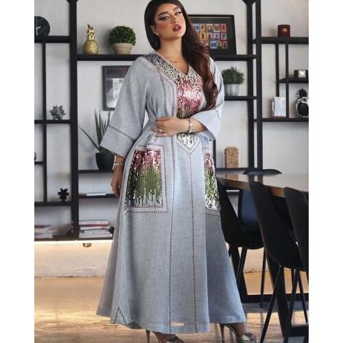 2XL Muslim Turkish Ladies Long Skirt Middle East Sequins Embroidered Long Sleeve Dress 2021spring Autumn New Leisure Dubai Abaya