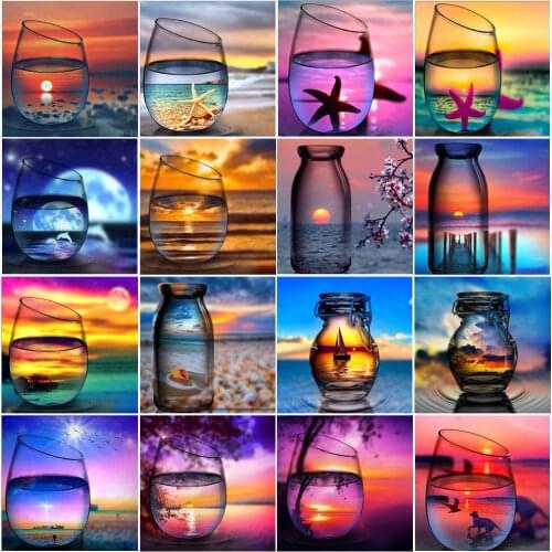 5D Diamond Painting Landscape Sunset Seascape Circular Embroidery Cross Stitch Kit Painting Mosaic DIY Home Decoration Gift