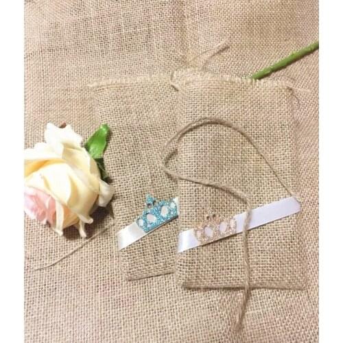 Free shipping DIY handmade Jute bag wedding lace candy bag Crown linen bag burlag bags