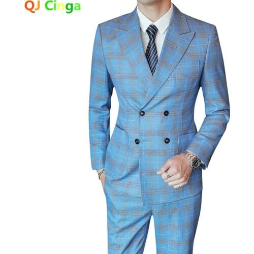 Double Breasted Blue 3 Piece Set for Mens Business Party Dress Blazer with Pants Vest Large Size Slim Fit Men Tuxedo Suit Gray