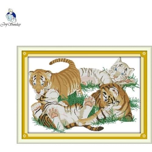 Joy Sunday Four little tigers DMC 11ct Canvas 14ct printed Counted Chinese Cross Stitch Kits Embroidery Home Decor