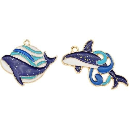 Julie Wang 4PCS Enamel Whale Charms Alloy Gold Tone Ocean Fish Animal Pendant Bracelet Earrings Jewelry Making Accessory