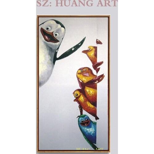 100% Hand Painted Oil Painting Cute Animals with Stretched Artwork For Wall Decor Colorful Cute Penguin Family