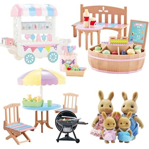 Forest Animal Family 1:12 Outdoor Barbecue Scene Toy Fruit Stand Ice Cream Cart Furniture For Dolls Play House Toys For Girls