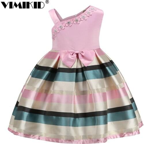 Summer 2018 pearl flower dress of the girls Single shoulder straps horizontal stripes dress child dress baby clothes
