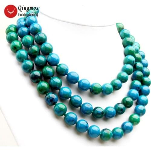 Qingmos Trendy Green Chrysocolla Necklace for Women with 3 Strands 14mm Round Chrysocolla Stone Necklace Jewelry 17-19'' nec6508