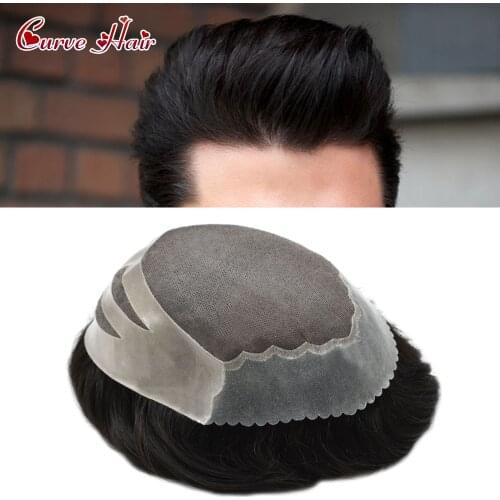 Mens Toupee Fine Mono Indian Off Black Hair Clear Pu Durable Hair System Replacement Hairpieces Comfortable Monofilament Wig