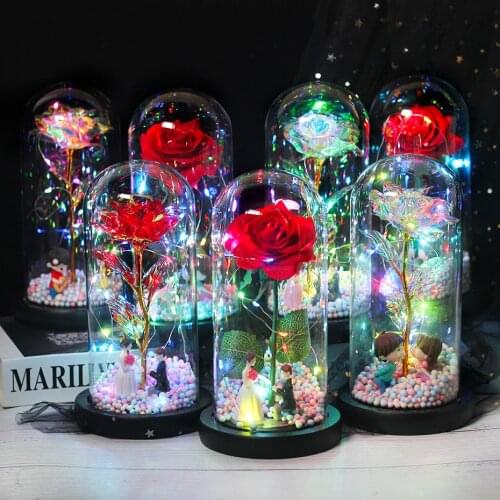 2021 new beast and beauty red rose on a glass dome wooden base on a flask as a Valentines Day gift LED rose light for Christmas