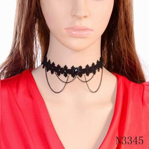 New Gothic Black Lace Choker Necklace for Women Halloween Fashion Vintage Leather Flower Crystal Fake Collar Necklace Jewelry