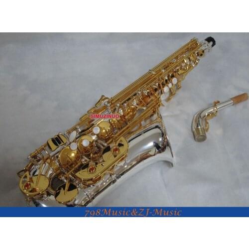 Silver Body and Gold Lacquer Alto Saxophone sax Eb High F# Saxofon New Case